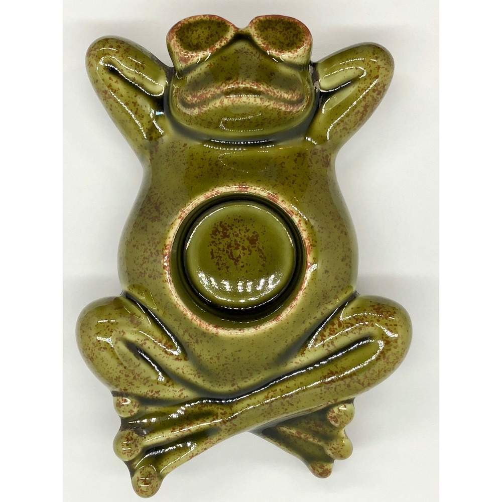 Green Ceramic Lounging Frog Tea Light Candle Holder Sunglasses Whimsical - Picture 6 of 9